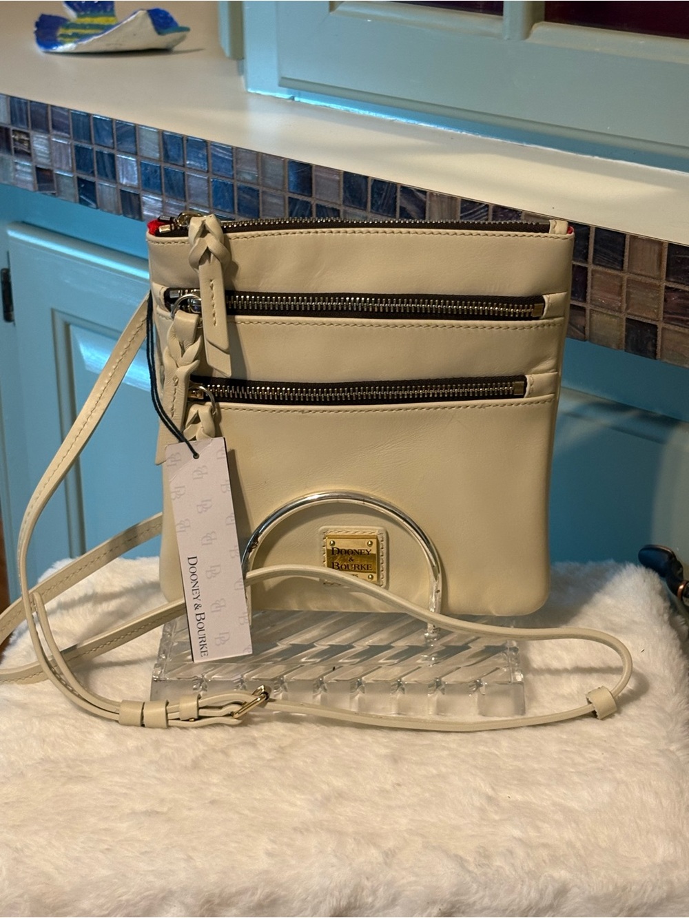 Dooney & Bourke Cream Leather Crossbody with Double Zip Front